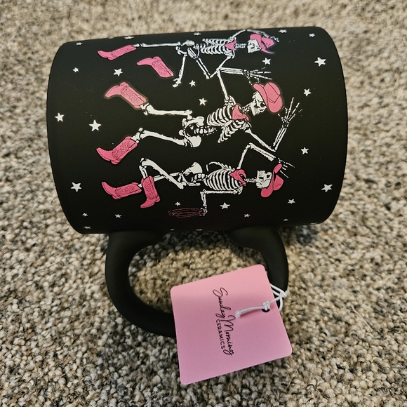 Let Go Ghouls soft touch Mug black pink dancing Skeletons Halloween Rare - Picture 2 of 4